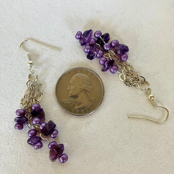 Purple Beaded Earrings Silvertone Metal Chain Handcrafted Unique Dangle New Gift - Picture 7 of 7